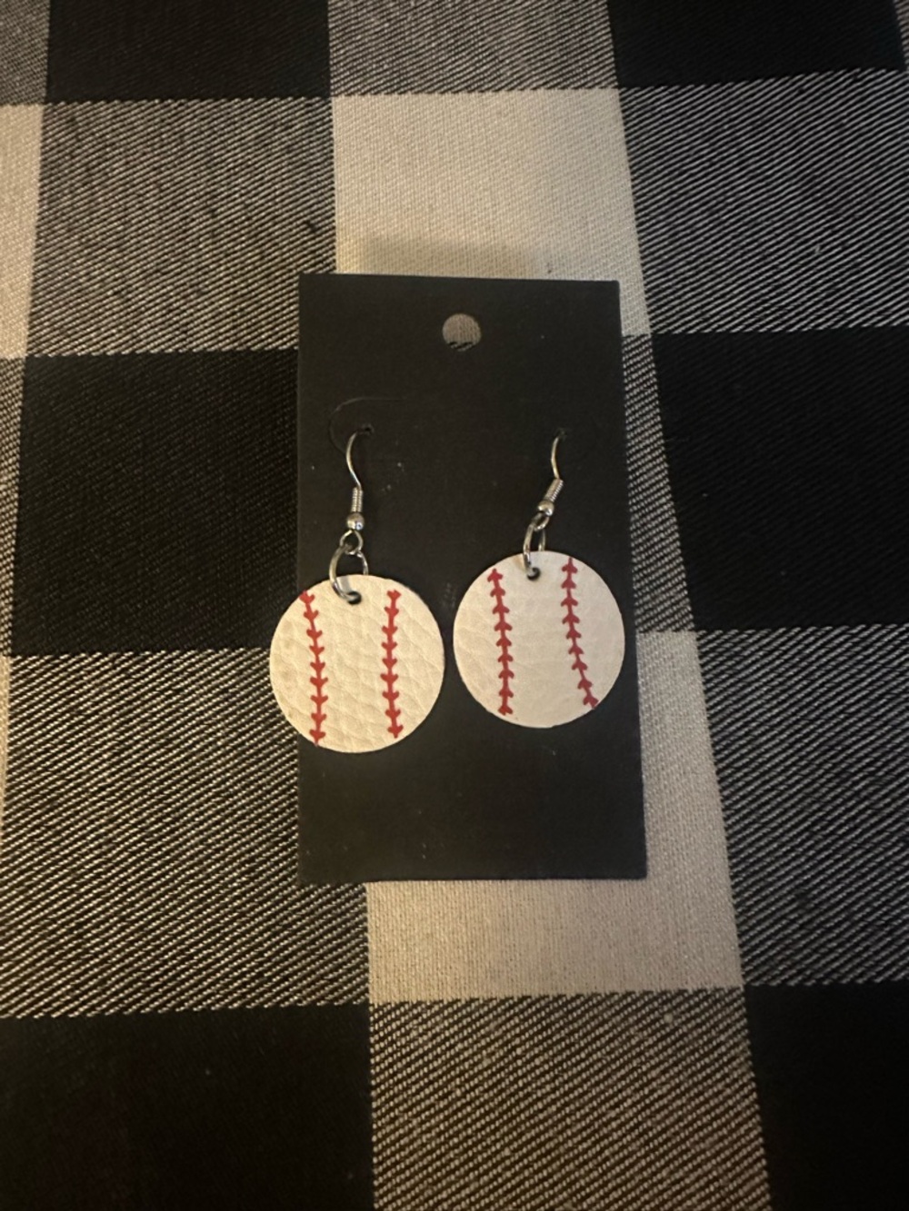Baseball Stitch Circle Dangle Earrings - White & Red
